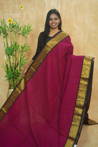 NLS1070 Magenta Handloom Cotton saree with horizontal self-stripes and woven black buttas.