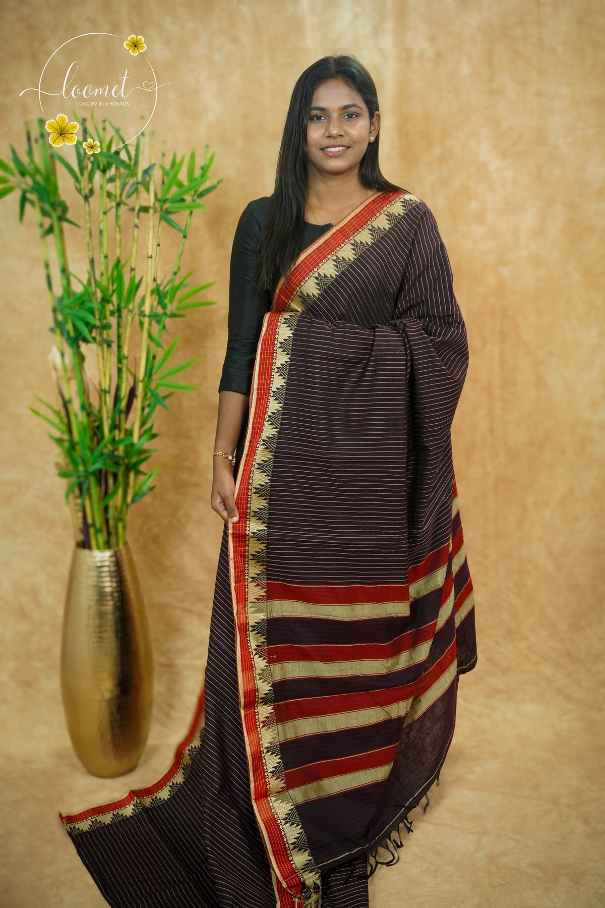 NLS1080 Deep coffee brown Handloom Cotton saree with featuring a red temple border.
