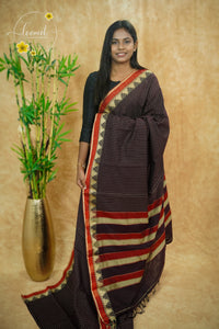 NLS1080 Deep coffee brown Handloom Cotton saree with featuring a red temple border.