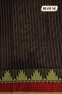 NLS1080 Deep coffee brown Handloom Cotton saree with featuring a red temple border.
