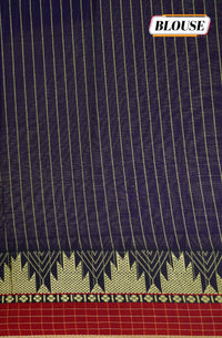 NLS1081 Navy blue Handloom Cotton saree with featuring a red temple border.