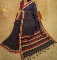 NLS1081 Navy blue Handloom Cotton saree with featuring a red temple border.