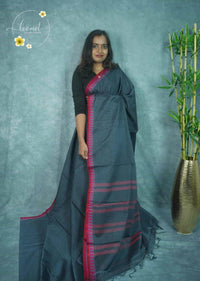 NLS1112 Charcoal Grey Handloom Cotton saree with plain body pattern.
