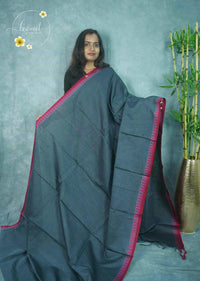 NLS1112 Charcoal Grey Handloom Cotton saree with plain body pattern.