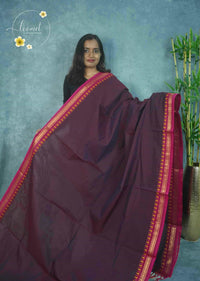 NLS1113 Deep Plum Handloom Cotton saree with  plain body pattern.
