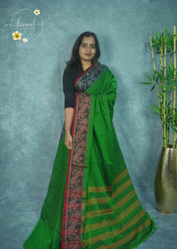 NLS1115 Green Handloom Cotton saree with  floral and vine motifs