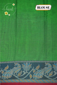 NLS1115 Green Handloom Cotton saree with  floral and vine motifs