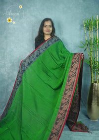 NLS1115 Green Handloom Cotton saree with  floral and vine motifs