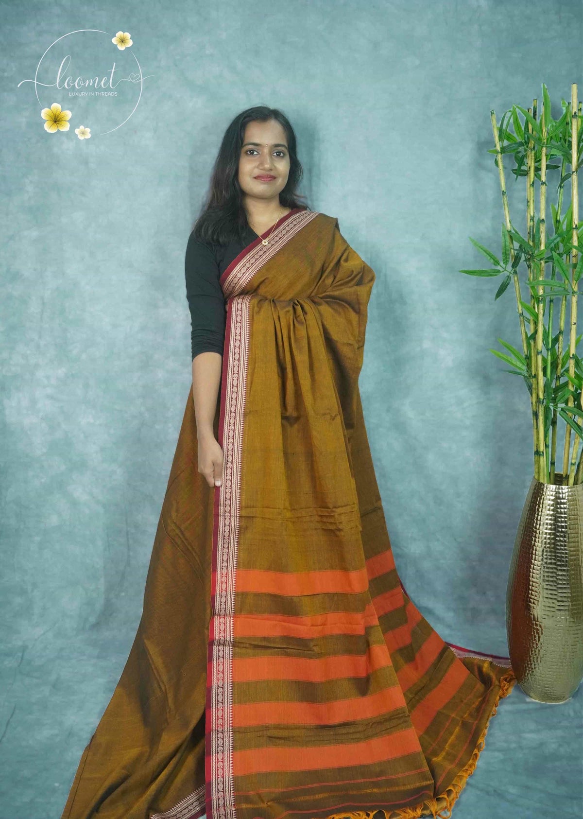 NLS1118 Mustard-brown saree Handloom Cotton saree with  geometric motifs