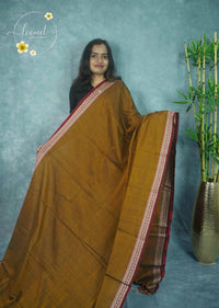 NLS1118 Mustard-brown saree Handloom Cotton saree with  geometric motifs
