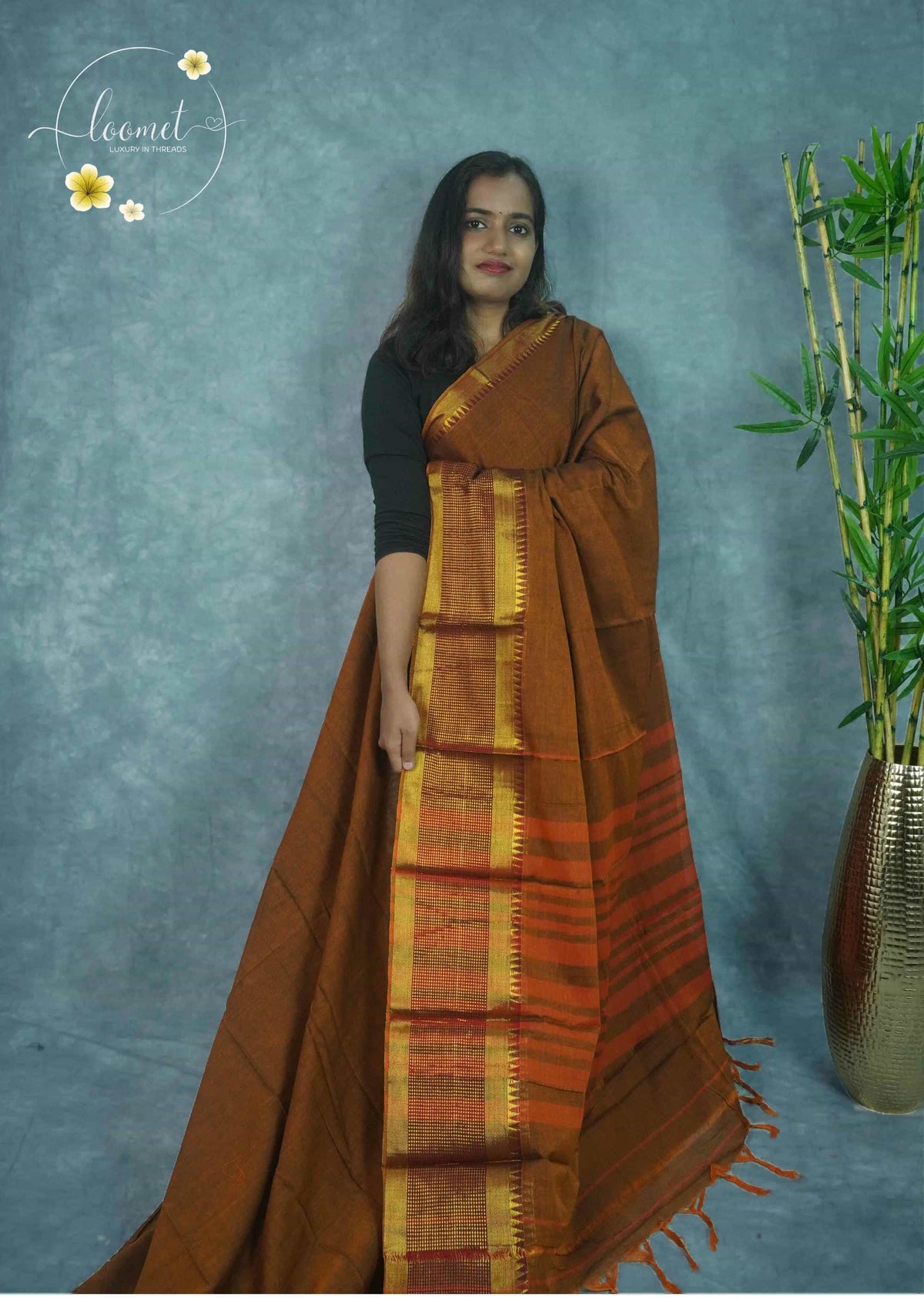 NLS1119 Brown Handloom Cotton saree with  plain body pattern.