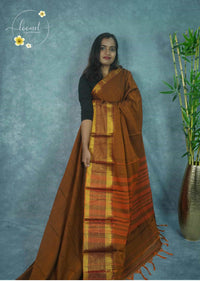 NLS1119 Brown Handloom Cotton saree with  plain body pattern.