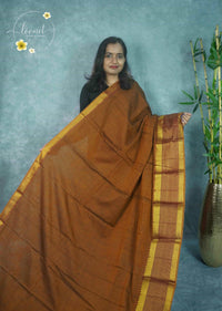 NLS1119 Brown Handloom Cotton saree with  plain body pattern.