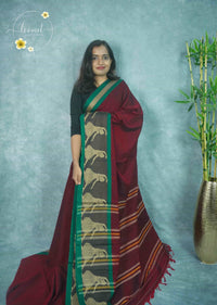 NLS1120 Maroon Handloom Cotton saree with Classical Bharatnatyam motifs.