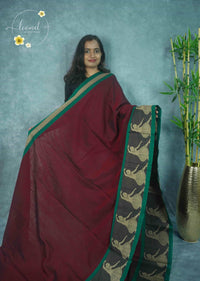 NLS1120 Maroon Handloom Cotton saree with Classical Bharatnatyam motifs.