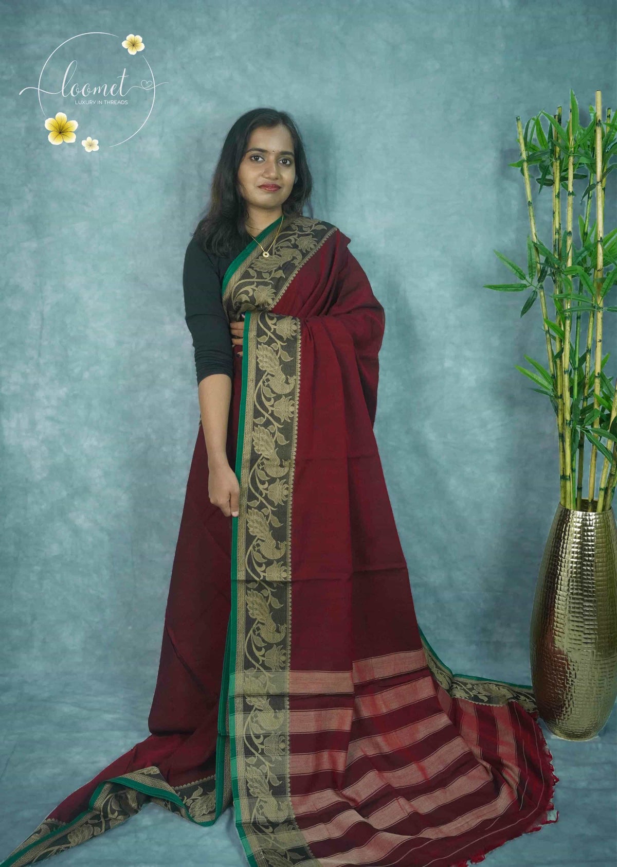 NLS1121 Maroon Handloom Cotton saree with  Floral and Peacock vine motifs