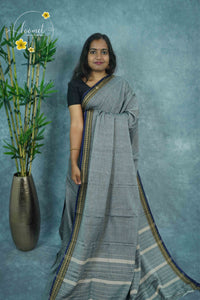 NLS1122 Stone Grey Handloom Cotton saree with plain body pattern.