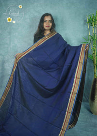 NLS1123 Navy blue Handloom Cotton saree with plain body pattern.
