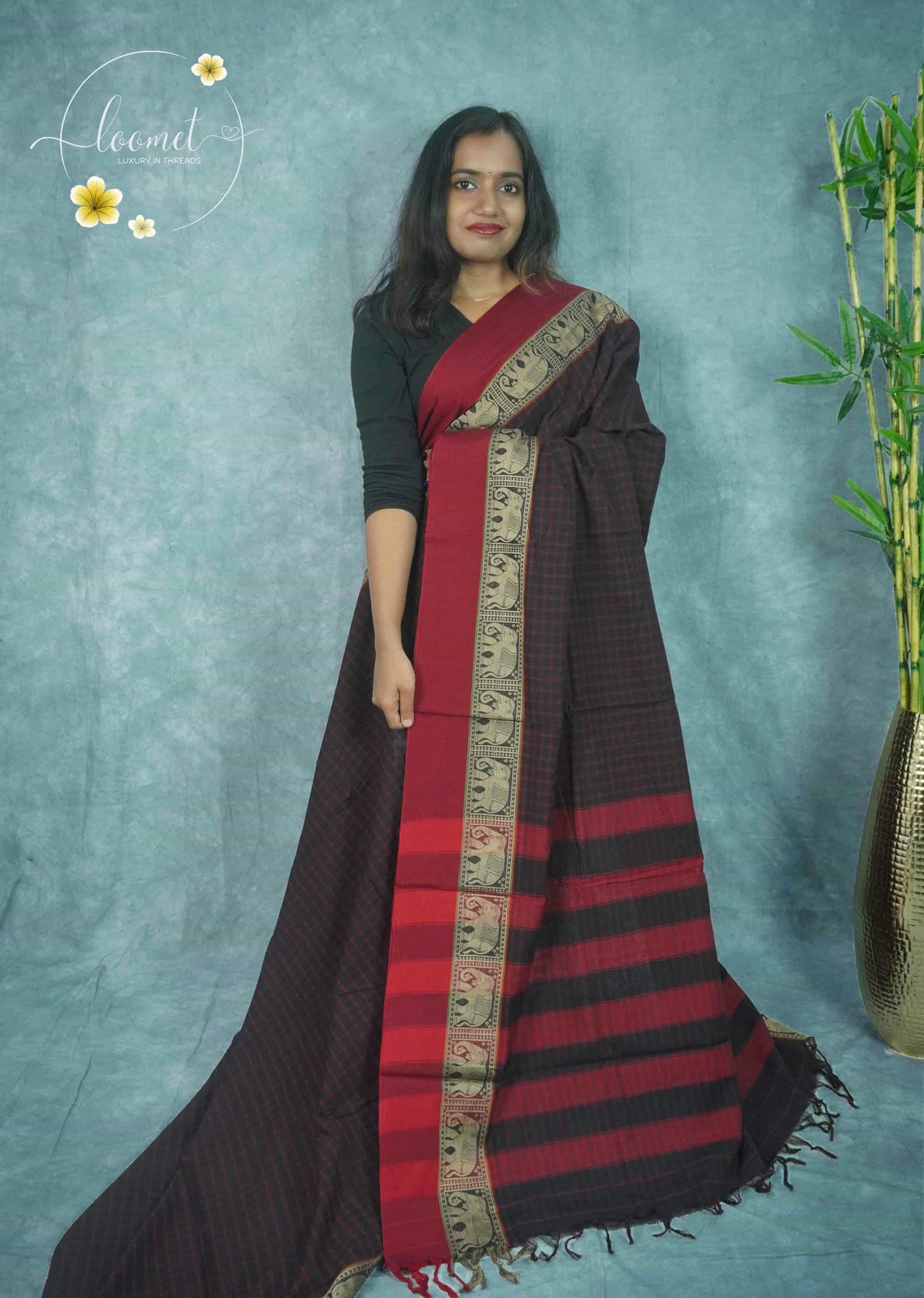 NLS1124 Black and maroon Handloom Cotton saree with checked pattern