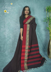 NLS1124 Black and maroon Handloom Cotton saree with checked pattern