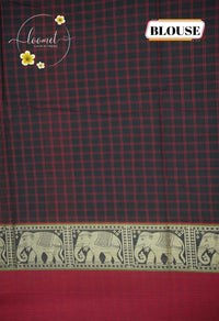 NLS1124 Black and maroon Handloom Cotton saree with checked pattern