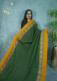 NLS1125 Green Handloom Cotton saree with checked pattern.