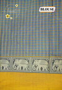 NLS1126 Stone Grey Handloom Cotton saree with checked pattern