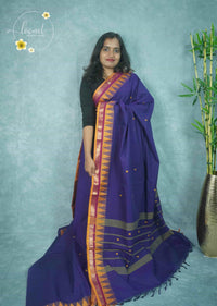 NLS1331 Royal blue Handloom Cotton saree with small floral buttas.