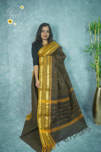 NLS1432 Coffee Brown Handloom Cotton saree with Fine Grid (Checks) pattern.