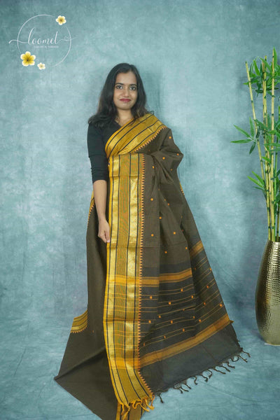 NLS1432 Mustard and black saree features horizontal stripes, a small grid pattern with floral motifs, and a triangular temple border.