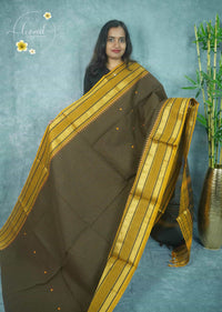 NLS1432 Coffee Brown Handloom Cotton saree with Fine Grid (Checks) pattern.