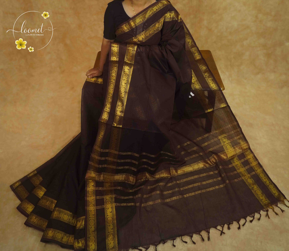 NLS2311 Coffee Brown Handloom Cotton saree with Traditional Elephant Zari Borders.