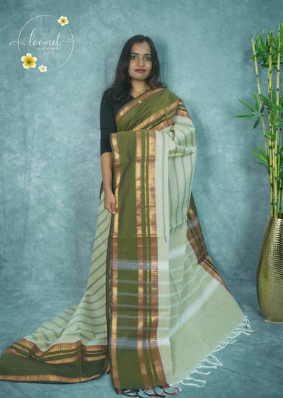 NLS5213 Olive green saree features a classic gold zari border with copper-toned stripes and an elegant off-white, textured contrast pallu.