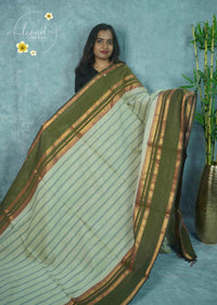 NLS5213 Olive Green Handloom Cotton saree with diagonal stripes.