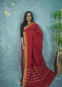 NLS5311 Crimson Red Handloom Cotton saree with small floral buttas.
