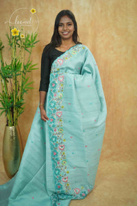 PSS3161 Aqua Blue Cotton saree with floral vine embroidery.