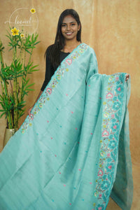 PSS3161 Aqua Blue Cotton saree with floral vine embroidery.