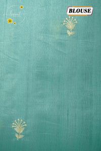PSS3161 Aqua Blue Cotton saree with floral vine embroidery.