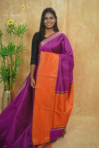 PSS4131 Magenta Purple and Orange Silk Cotton saree with Small Check pattern.