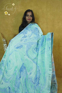 RCS1061 Mint green and sky blue Linen Cotton Saree with marble Swirl pattern