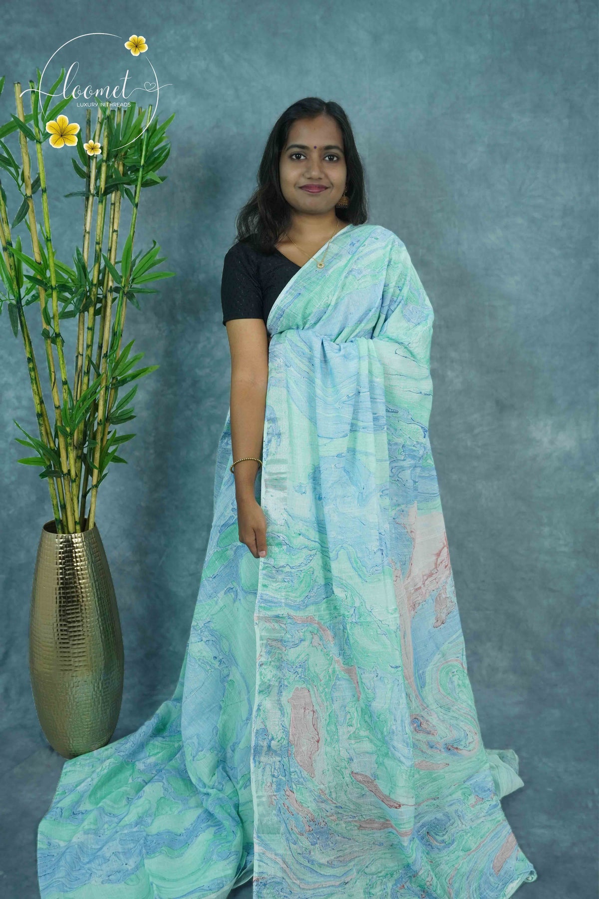 RCS1061 Mint green and sky blue Linen Cotton Saree with marble Swirl pattern