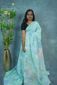 RCS1061 Mint green and sky blue Linen Cotton Saree with marble Swirl pattern