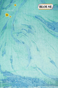 RCS1061 Mint green and sky blue Linen Cotton Saree with marble Swirl pattern