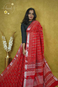 RCS1062 Deep Madder Red Hand Block Printed Linen Cotton Saree