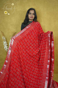 RCS1062 Deep Madder Red Hand Block Printed Linen Cotton Saree
