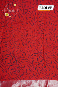 RCS1062 Deep Madder Red Hand Block Printed Linen Cotton Saree