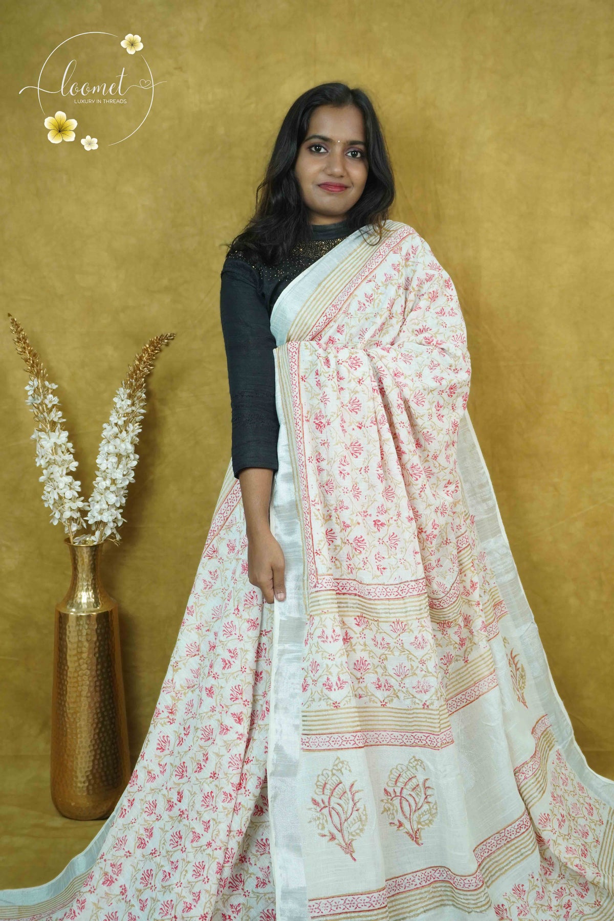 RCS1063 White Hand Block Printed Linen Cotton Saree with Floral Prints
