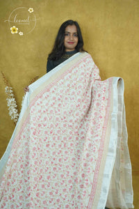 RCS1063 White Hand Block Printed Linen Cotton Saree with Floral Prints