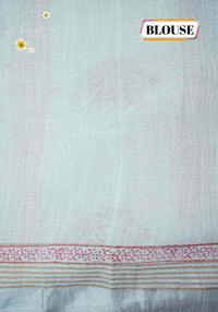 RCS1063 White Hand Block Printed Linen Cotton Saree with Floral Prints