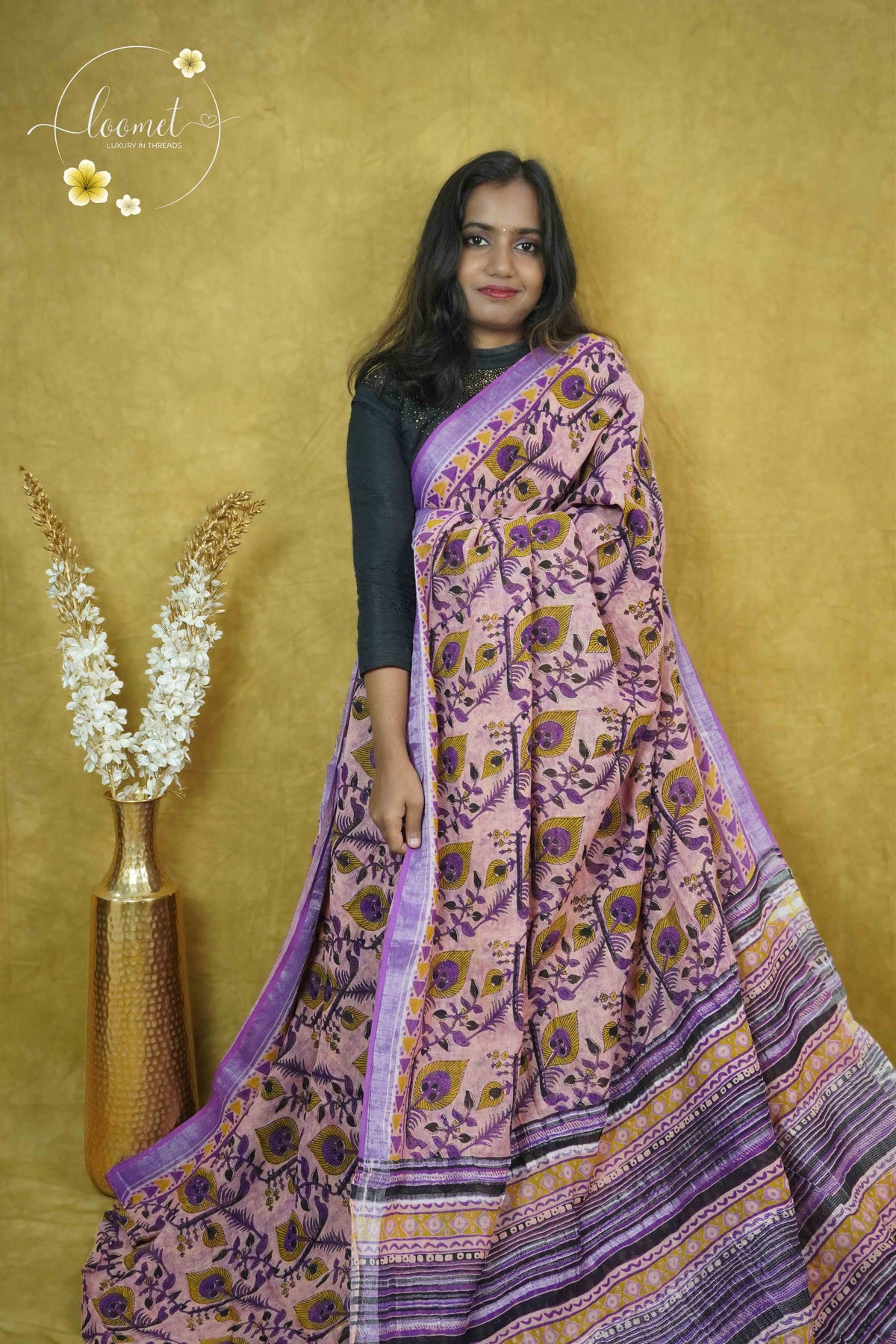 RCS1064 Light Pink Linen Cotton Saree with Geometric  Triangle Border